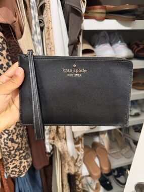 kate spade Black Saffiano Leather Zip Wristlet with Gold Logo